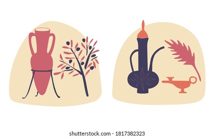 Arabic jug and terra oil lamp with a tree palm leaf. Amphora and olive tree branch. Minimalistic art for home decor in Greek, Arabic or Moroccan style