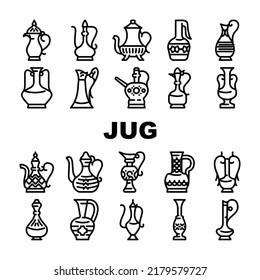 Arabic Jug Traditional Container Icons Set Vector. Arabic Jug For Boiling Arabian Tea, Coffee Or Water. Antique Pottery Earthenware For Storage And Carrying Beverage Black Contour Illustrations