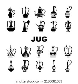 Arabic Jug Traditional Container Icons Set Vector. Arabic Jug For Boiling Arabian Tea, Coffee Or Water. Antique Pottery Earthenware For Storage Carrying Beverage Glyph Pictograms Black Illustration