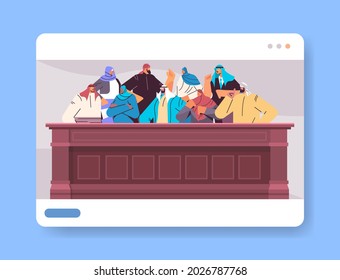 Arabic Jurors Sitting In Jury Box Law Court Trial Session Online Judging Process Concept Courtroom Interior