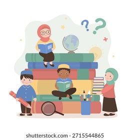 Estudiantes árabes sentados junto a una pila de libros. proceso de Educación. Conocimientos, proceso de aprendizaje, niños y estudiantes. Asignaturas escolares. Colegialas musulmanas, compañeras de clase. Ilustración vectorial