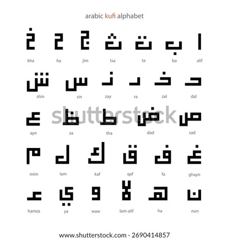 Arabic Kufi alphabet set. Vector illustration showing Arabic letters with names for educational, graphic, and design projects. Minimal modern Arabic calligraphy in Kufi style.
