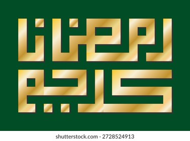 Caligrafía cúfica árabe con la frase Ramadán Kareem, que significa Ramadán generoso y bendecido. Tipografía de letras Kufi Gold sobre fondo verde, diseño festivo elegante, Ilustración vectorial aislada.