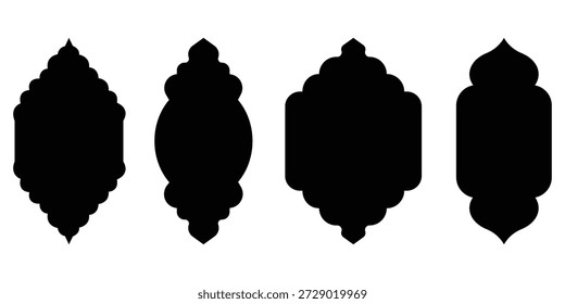 Quadros de rótulo árabe. Cúpula de mesquita islâmica moderna e lanternas, conjunto de molduras árabes. Ramadã kareem .janela ornamental tradicional minimalista. Conjunto de design de ilustração de forma islâmica em branco forma islâmica .