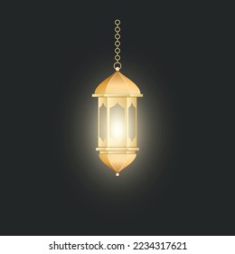 Arabic lamp, gold lantern with arab ornament, ring, burning candle. Accessories for islamic ramadan holiday. Realistic 3d vintage luminous shining lights isolated. Vector illustration