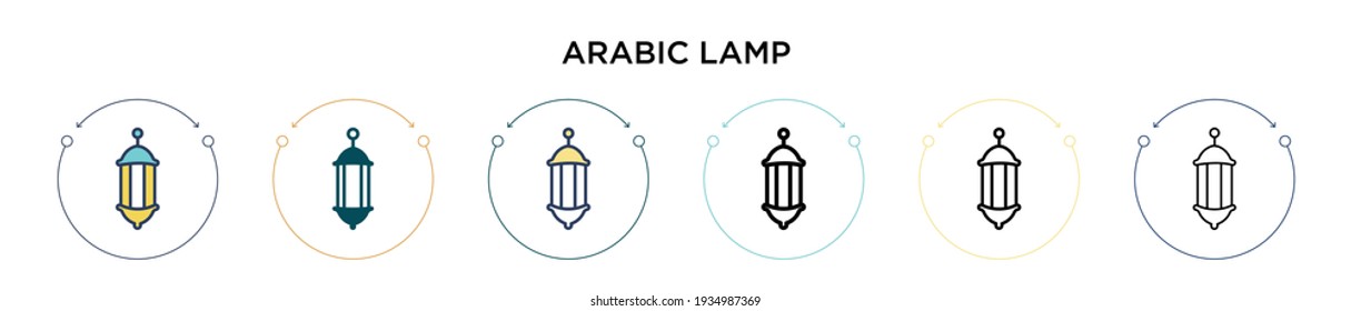 Arabisches Lampensymbol in gefüllter, dünner Linie, Umriss- und Strichform. Vektorgrafik von zwei farbigen und schwarzen arabischen Lampen-Vektorgrafiken-Designs kann für mobile, iPhone-, web-gestützte