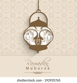 Arabic lamp or lantern hanging on seamless brown background with floral pattern, beautiful greeting card design on occasion of muslim community holy month Ramadan Mubarak.