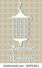 Arabic lamp or lantern hanging on seamless background with floral pattern, beautiful greeting card design on occasion of Muslim community holy month Ramadan Mubarak.