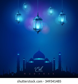 Arabic lamp and mosque islamic celebration greeting background Eid Mubarak - Translation of text : Eid Mubarak - Blessed festival