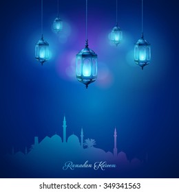 Arabic lamp and mosque islamic celebration greeting background Ramadan Kareem - Translation of text : Ramadan Kareem - May Generosity Bless you during the holy month 