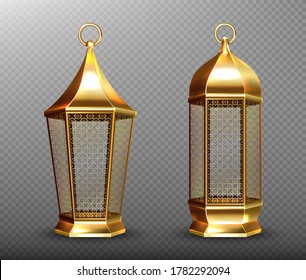 Arabic lamps, gold lanterns with arab ornament, ring, place for candle. Accessories for islamic ramadan holiday. Realistic 3d vector vintage luminous shining lights isolated on transparent background