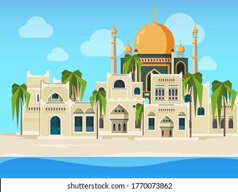 Arabic landscape. Cultural muslim buildings desert background with arabic architectural objects vector illustration in flat style