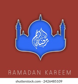Arabic Language Calligraphy of Ramadan Kareem on Paper Cut Mosque Blue and Brown Background.