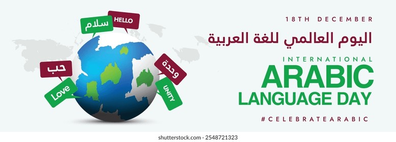 Arabic Language day. International Arabic Language day 18th December celebration cover banner with earth globe and speech bubbles of different Arabic words: hello, love, unity around. 