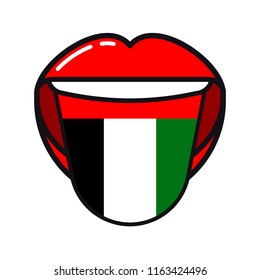 Arabic language tongue with flag United Arab Emirates open woman smile mouth flat icon