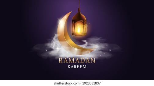 Arabic lantern with burning candle and gold moon. Ramadan Kareem. Vector illustration design.Vector illustration design.