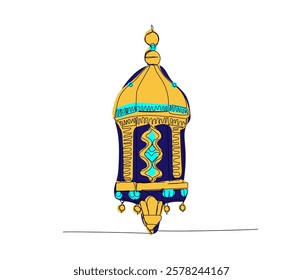 Arabic lantern, Fanous, Fanoos, the light of the world one color line art. Continuous line drawing of online Muslims, Islam, traditions, clothing, folk, oriental.