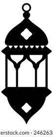 Arabic lantern for Islamic holidays Ramadan, Eid Al-Adha, Eid Mubarak. Eastern black silhouette of Arabic city, mosque, Koran, crescent, star, hookah, rosary, lantern garland. Vector illustration.