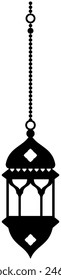 Arabic lantern for Islamic holidays Ramadan, Eid Al-Adha, Eid Mubarak. Eastern black silhouette of Arabic city, mosque, Koran, crescent, star, hookah, rosary, lantern garland. Vector illustration.