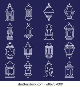 Arabic lantern line art set. Fanous Ramadan lamp, traditional candle-lit symbol. Vector flat style illustration isolated on dark background