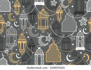 Arabic lantern and moon, stars seamless pattern on grey background. Vector luxury repeat wallpaper, textile print, backgrop.