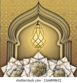 arabic lantern mosque dome design paper cutting style greeting card banner background