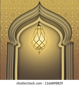 arabic lantern mosque dome design paper cutting style greeting card banner background