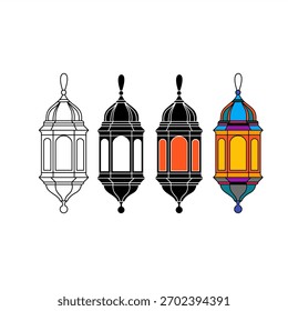 Arabische Laterne Multi-Stil-Set. Umriss Silhouette und farbige Version