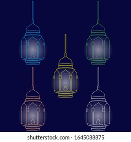 Arabic Lantern Object Design in Set for Creative Concept of  Islamic Celebration Day. Ramadan Kareem, Eid Mubarak, Eid Al Fitr, Eid Al Adha, Hajj, Hijri, and Mawlid.