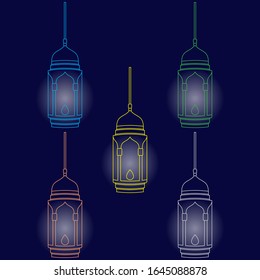 Arabic Lantern Object Design in Set for Creative Concept of  Islamic Celebration Day. Ramadan Kareem, Eid Mubarak, Eid Al Fitr, Eid Al Adha, Hajj, Hijri, and Mawlid.