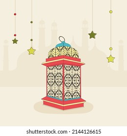 Arabic Lantern With Stars Hang On Beige Silhouette Mosque Background And Space For Your Message.