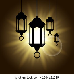 arabic lantern vector black shadow silhouette with sun rays burst. ramadan kareem symbol for islamic festival.