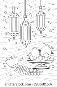 Arabic lanterns and pomegranates on an abstract background, contour illustration for coloring.