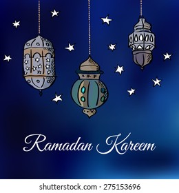 Arabic lanterns with stars, vector illustration background for muslim community holy month Ramadan Kareem