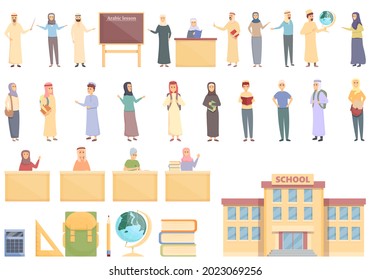 Arabic lessons icons set cartoon vector. Arab joy. Children school