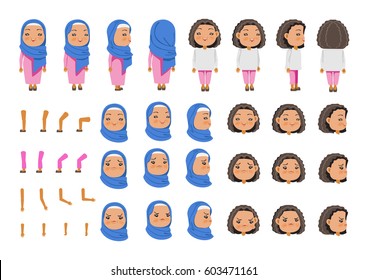 Arabic Little Girl character creation set. Icons with different types of faces Hijab and hair style, emotions,  front, rear, side view of female person. Moving arms, legs. Vector illustration