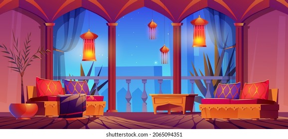 Arabic living room interior, middle east hotel or palace oriental design with furniture, balcony and arched windows with night ancient city view, arab islamic dwelling, Cartoon vector illustration