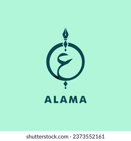 Arabic logo design letter khuruf Ain with pencil with tect alama means knowledge in English. bohemian style vector isolated pink background