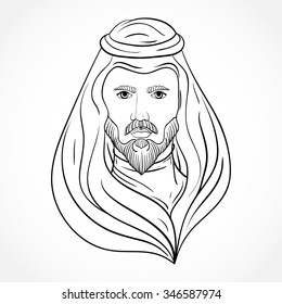 Arabic man. Black and white hand drawn vector illustration in line art style