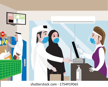 Arabic man with his wife shopping during COVID 19 wearing face mask 