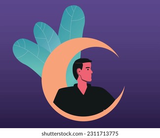Arabic man with Islamic crescent as a symbol of Islam. flat vector stock illustration