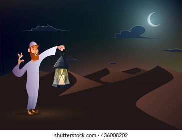Arabic man keeps illuminated lantern in the desert at night sky with an crescent moon.Ramadan Kareem vector illustration