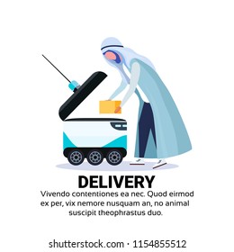 arabic man loading box robot self drive fast delivery goods in city car robotic carry concept isolated copy space flat vector illustration