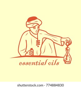 Arabic man making a perfume. Essential oils background.