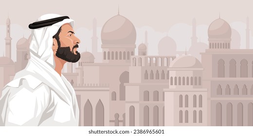 Arabic man, middle east male character. Traditional mosque cityscape panoramic view. Young handsome muslim, serious person having beard and mustache, white traditional clothes. Vector illustration.