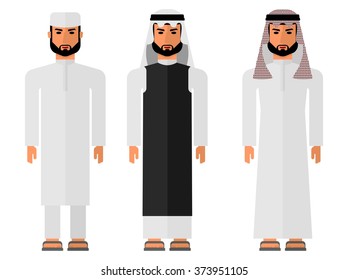 Arabic man in national costume. Muslim Islamic traditions.Cartoon characters icon stylish background.Cartoon design flat vector illustration