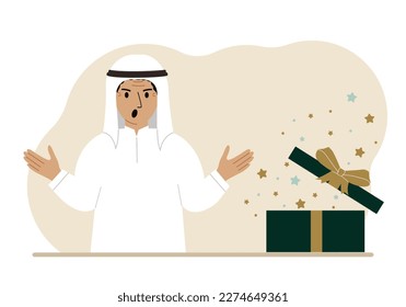 A arabic man next to an open gift. The concept of a holiday, surprise, promotion, discount. Vector flat illustration