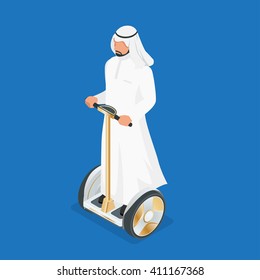 Arabic man on self balancing electric scooter. 3d flat isometric vector illustration. 