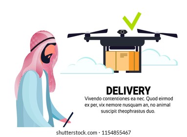 arabic man operator drone flying geo tag delivery air package mobile application shipment carry quadcopter navigation isolated horizontal flat copy space vector illustration