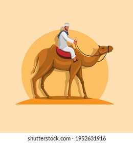 Arabic man riding camel in sand middle east asia tourist attraction concept cartoon illustration vector